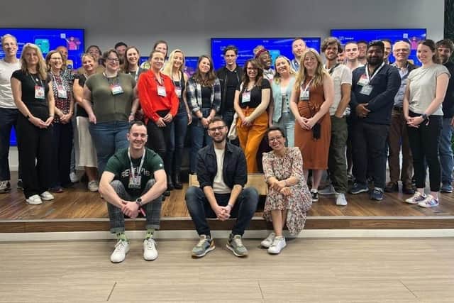 Nick Murray, front centre, with Foras Co-Founders Dec McLaughlin and Caro Melendez and members of a 48-person cohort delegation at the offices of Portuguese startup success story Unbabal in Lisbon, Nov 2023