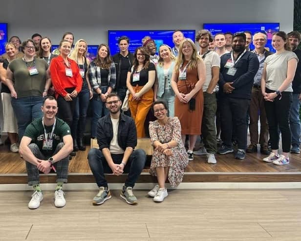 Nick Murray, front centre, with Foras Co-Founders Dec McLaughlin and Caro Melendez and members of a 48-person cohort delegation at the offices of Portuguese startup success story Unbabal in Lisbon, Nov 2023