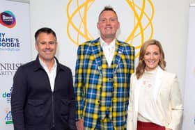Kenny Logan, Doddie Weir and Gabby Logan attend the Sunrise Charity Day on September 11, 2019