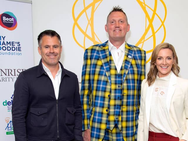 Kenny Logan, Doddie Weir and Gabby Logan attend the Sunrise Charity Day on September 11, 2019