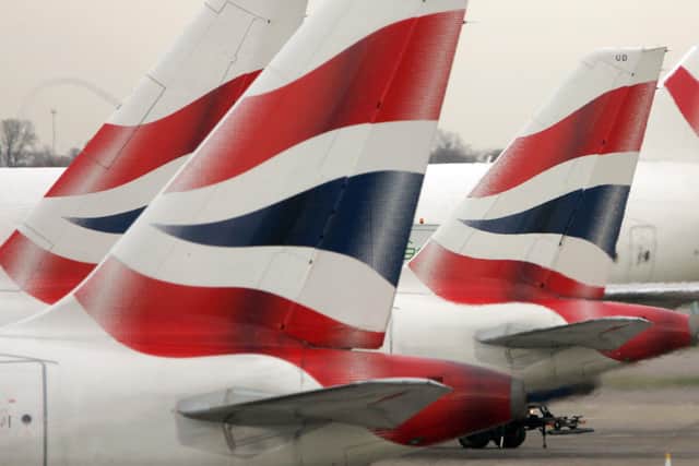 Tail fins of British Airways' aircraft parked at Terminal One of London's Heathrow Airport.  Picture: Tim Ockenden/PA Wire