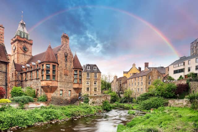 Rainbow over Dean village in Edinburgh, Scotland