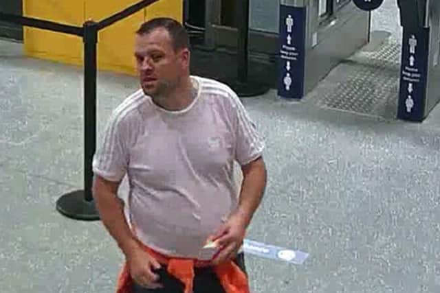 Transport police are hunting the man pictured in this CCTV footage in connection with a sexual assault that occurred in Glasgow. Picture: British Transport Police