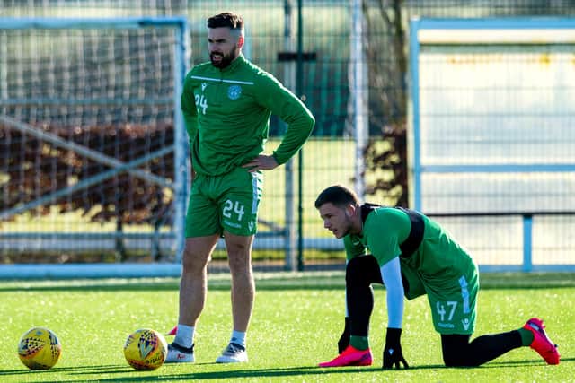 Hibernian’s Darren McGregor and Jamie Gullan during a training session. Craig Williamson / SNS Group