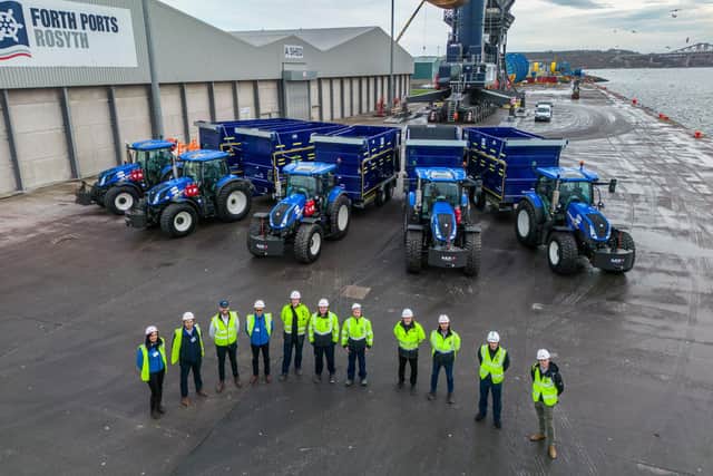 New tractors and trailers at the Port of Rosyth's agri-hub with the team from Forth Ports, Cefetra and Bryson. Picture by Peter Devlin