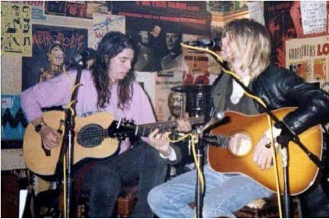 Nirvana duo Kurt Cobain and Dave Grohl play acoustically in Edinburgh.