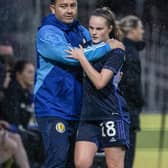 DUNDEE, SCOTLAND - JULY 14: Scotland manager Pedro Martinez Losa with Emma Watson during an international friendly match between the Scotland Women national team and Northern Ireland at Dens Park, on July 14, 2023, in Dundee, Scotland.  (Photo by Craig Foy / SNS Group)