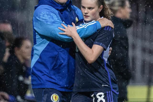 DUNDEE, SCOTLAND - JULY 14: Scotland manager Pedro Martinez Losa with Emma Watson during an international friendly match between the Scotland Women national team and Northern Ireland at Dens Park, on July 14, 2023, in Dundee, Scotland.  (Photo by Craig Foy / SNS Group)