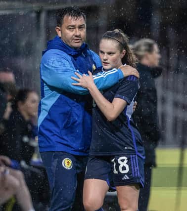 DUNDEE, SCOTLAND - JULY 14: Scotland manager Pedro Martinez Losa with Emma Watson during an international friendly match between the Scotland Women national team and Northern Ireland at Dens Park, on July 14, 2023, in Dundee, Scotland. (Photo by Craig Foy / SNS Group)