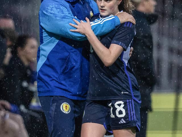 DUNDEE, SCOTLAND - JULY 14: Scotland manager Pedro Martinez Losa with Emma Watson during an international friendly match between the Scotland Women national team and Northern Ireland at Dens Park, on July 14, 2023, in Dundee, Scotland.  (Photo by Craig Foy / SNS Group)