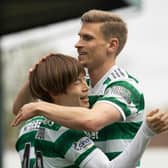 Celtic's Carl Starfelt (right) with team-mate Kyogo Furuhashi during a recent win over Kilmarnock.  (Photo by Craig Williamson / SNS Group)