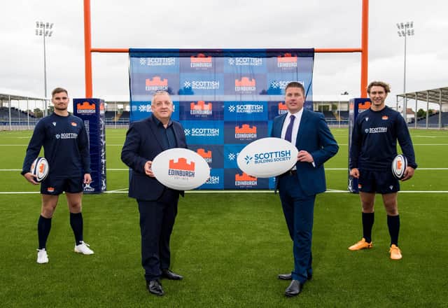 Edinburgh Rugby's managing director Douglas Struth, second from right, with Paul Denton of Scottish Building Society, the club's new sponsor, and players James Lang and Jamie Ritchie. Picture: Ross Parker/SNS