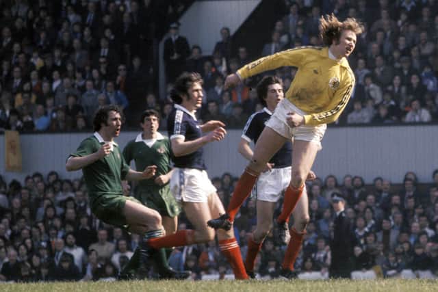 "I've got it, lads!" says Roughie to Colin Jackson and Tom Forsyth vs Northern Ireland in 1976