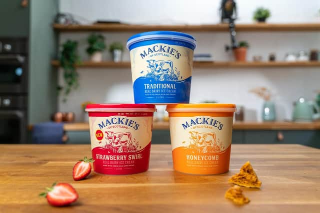 Mackie's traditional, strawberry swirl and honeycomb ice creams.