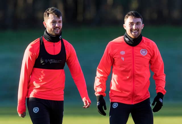 Craig Halkett (left) and John Souttar during a Hearts training session.