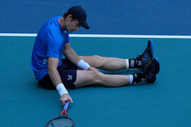 Andy Murray falls to the court during his straight sets defeat to Daniil Medvedev at the Miami Open. (Photo by Mark Brown/Getty Images)