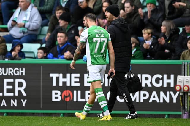 Hibs forward Martin Boyle goes off injured against St Mirren and there are fears the Australian may miss the World Cup.