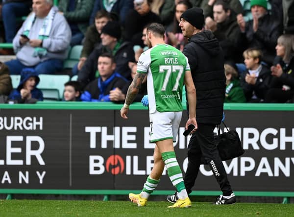 Hibs forward Martin Boyle goes off injured against St Mirren and there are fears the Australian may miss the World Cup.