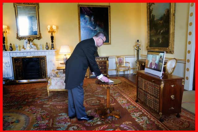 The Queen appears on a screen via videolink, during a virtual audience to receive Professor Piotr Wilczek, Ambassador of Poland, at Buckingham Palace.