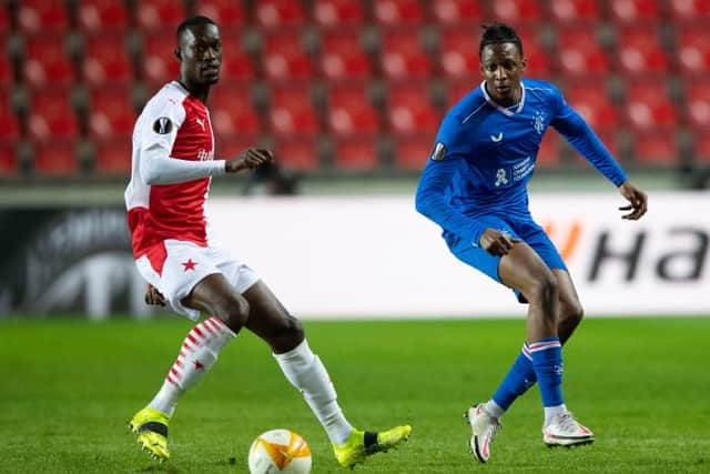 Rangers' Joe Aribo (R) and Slavia's Abdallah Sima during the UEFA Europa League Round of 16 1st Leg between Slavia Prague and Rangers at the Sinobo Stadium, Prague on March 11, 2021, in Prague, Czech Republic. (Photo by Lukas Kabon / SNS Group)