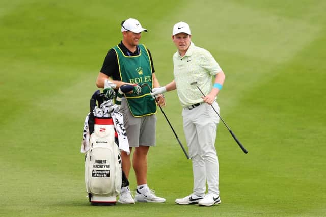 Bob MacIntyre with caddie Mike Thomson during the opening round of the DS Automobiles Italian Open at Marco Simone Golf Club n the outskirts of Rome. Picture: Andrew Redington/Getty Images.