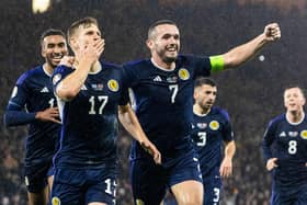 Scotland's Stuart Armstrong celebrates with John McGinn after scoring to make it 3-2 over Norway at Hampden. (Photo by Alan Harvey / SNS Group)