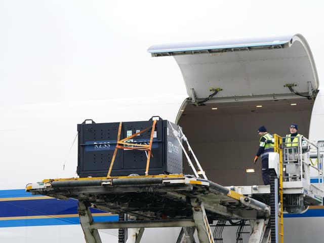 Yang Guang and Tian Tian are loaded onto  a China Southern cargo plane at Edinburgh Airport. Photo: Jane Barlow/PA Wire