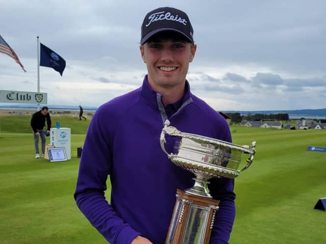 Royal Burgess member Cameron Adam shows off the Scottish Amateur Championship trophy after his impressive title triumph at Royal Dornoch.