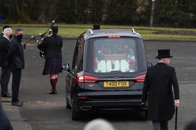 The hearse carrying the coffin of NHS worker Emma Robertson Coupland arrives at Riccarton Cemetery picture: Andrew Milligan/PA