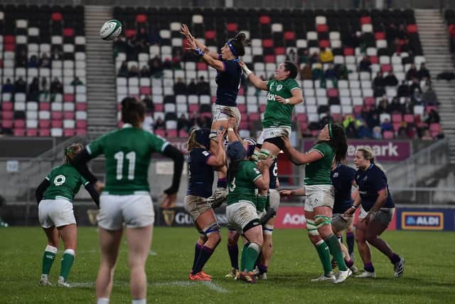 Emma Wassell of Scotland collects a line out during the TikTok Women's Six Nations match between Ireland and Scotland at Kingspan Stadium on April 30, 2022 in Belfast, United Kingdom. (Photo by Charles McQuillan/Getty Images)