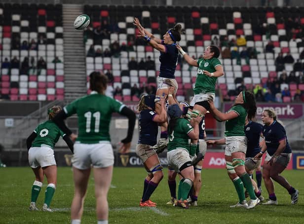 Emma Wassell of Scotland collects a line out during the TikTok Women's Six Nations match between Ireland and Scotland at Kingspan Stadium on April 30, 2022 in Belfast, United Kingdom. (Photo by Charles McQuillan/Getty Images)