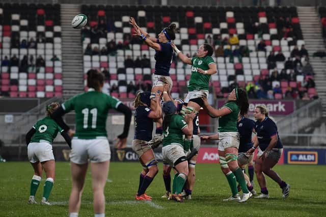 Emma Wassell of Scotland collects a line out during the TikTok Women's Six Nations match between Ireland and Scotland at Kingspan Stadium on April 30, 2022 in Belfast, United Kingdom. (Photo by Charles McQuillan/Getty Images)