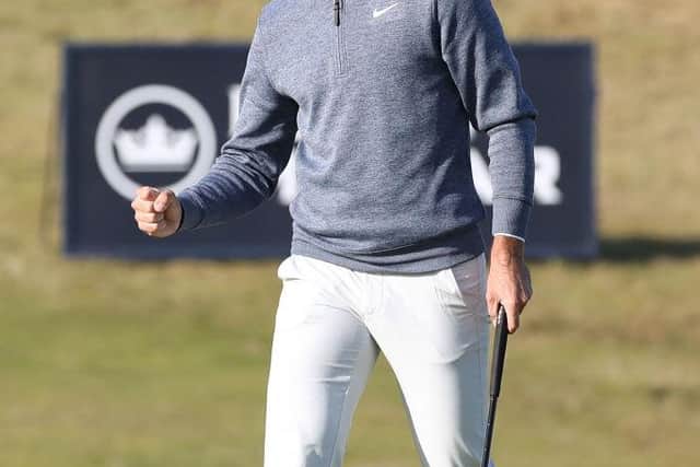 Frederic Lacroix reacts after holing a birdie on the 18th hole at Kingsbarns Golf Links. Picture: Jan Kruger/Getty Images.