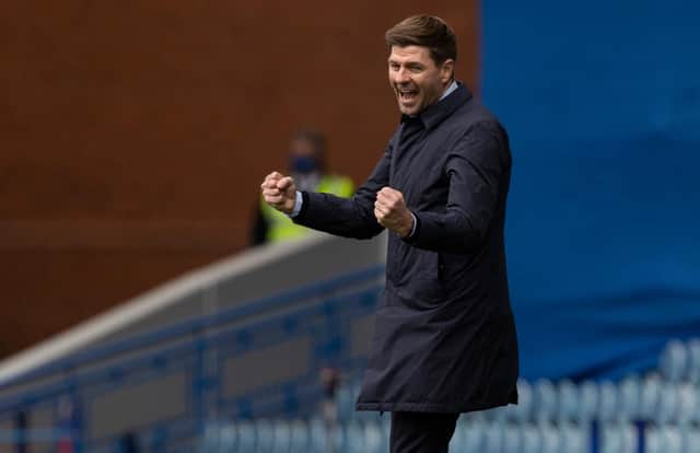 Rangers manager Steven Gerrard celebrates his side scoring against Aberdeen in the recent 4-0 win. Picture: SNS