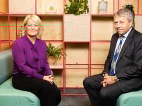 NatWest CEO Dame Alison Rose and the University of Edinburgh's principal Sir Peter Mathieson. Picture: Adam Hollingworth Photography.