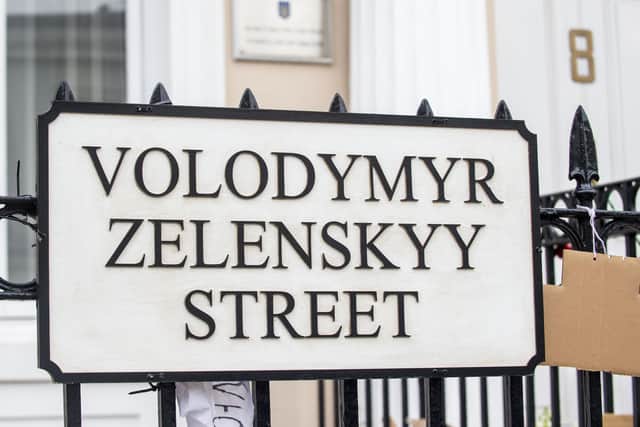 A new road sign has appeared outside Ukraine's consular officers in Edinburgh's Windsor Street.
PIC LISA FERGUSON 09/03/2022





A STREET SIGN HAS BEEN PLACED ON WIDSOR STREET OUTSIDE THE UKRAINE CONSULATE - RENMING IT VOLODYMYR ZELENSKYY STREET, NAMED AFTER THE UKRAINE PRESIDENT