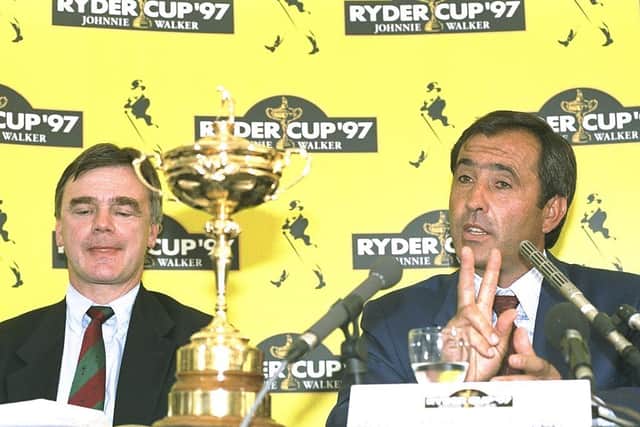 Ken Schofield and then European Ryder Cup captain Seve Ballesteros during a press conference before the 1997 BMW International Open in Germany. Picture: StephenMunday/Allsport.