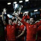 Aberdeen captain Willie Miller celebrates with the rest of the team after winning the European Cup Winners Cup following a 2-1 win over Real Madrid in Gothenburg in 1983.