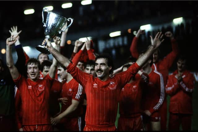 Aberdeen captain Willie Miller celebrates with the rest of the team after winning the European Cup Winners Cup following a 2-1 win over Real Madrid in Gothenburg in 1983.