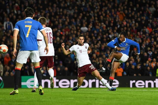 Rangers' Nigerian midfielder Joseph Ayodele-Aribo (R) watches his shot hit the bar during the UEFA Europa League Group A football match between Rangers and Sparta Prague at the Ibrox Stadium in Glasgow on November 25, 2021. (Photo by Paul ELLIS / POOL / AFP) (Photo by PAUL ELLIS/POOL/AFP via Getty Images)