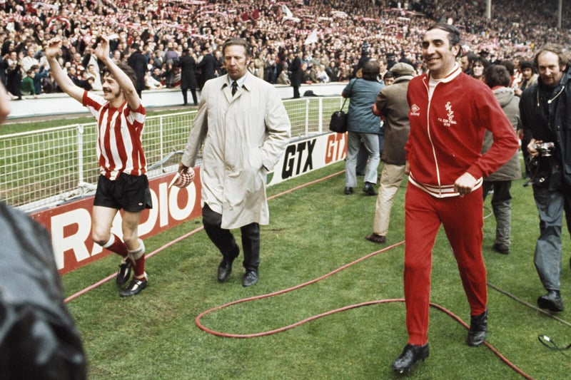 Sunderland captain Bobby Kerr and manager Bob Stokoe celebrate with fans after their 1-0 victory over Leeds United in the 1973 FA Cup final at Wembley Stadium on May 5, 1973.
