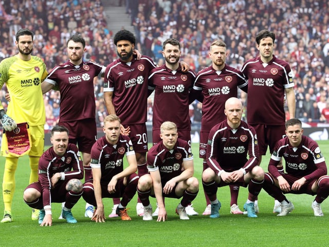 Hearts goalkeeper Craig Gordon (left) lines up with his team-mates prior to kick-off of the Scottish Cup final at Hampden Park,
