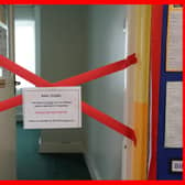 A taped off section inside Parks Primary School in Leicester which has been affected with sub standard reinforced autoclaved aerated concrete (Raac). More than 100 schools, nurseries and colleges in England have been told by the Government to close classrooms and other buildings that contain an aerated concrete that is prone to collapse. Picture date: Friday September 1, 2023. Jacob King/PA Wire