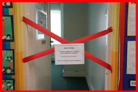 A taped off section inside Parks Primary School in Leicester which has been affected with sub standard reinforced autoclaved aerated concrete (Raac). More than 100 schools, nurseries and colleges in England have been told by the Government to close classrooms and other buildings that contain an aerated concrete that is prone to collapse. Picture date: Friday September 1, 2023. Jacob King/PA Wire