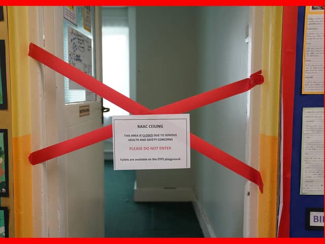 A taped off section inside Parks Primary School in Leicester which has been affected with sub standard reinforced autoclaved aerated concrete (Raac). More than 100 schools, nurseries and colleges in England have been told by the Government to close classrooms and other buildings that contain an aerated concrete that is prone to collapse. Picture date: Friday September 1, 2023. Jacob King/PA Wire