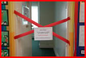 A taped off section inside Parks Primary School in Leicester which has been affected with sub standard reinforced autoclaved aerated concrete (Raac). More than 100 schools, nurseries and colleges in England have been told by the Government to close classrooms and other buildings that contain an aerated concrete that is prone to collapse. Picture date: Friday September 1, 2023. Jacob King/PA Wire