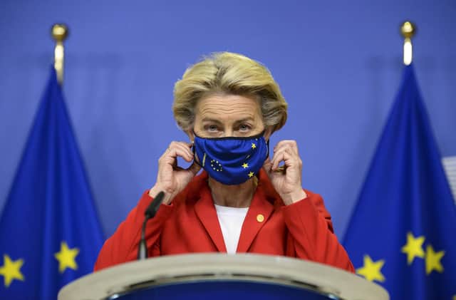 European Commission president Ursula von der Leyen takes off her protective mask prior to making a statement regarding the Withdrawal Agreement at EU headquarters in Brussels. Picture: Johanna Geron, Pool via AP