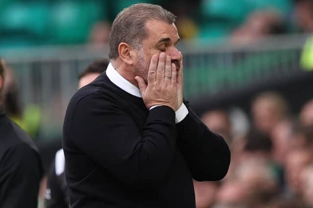 Celtic manager Ange Postecoglu betrays the agonies as another chance goes abegging in the 1-1 draw at home to Dundee United that is another blemish in the club's pock-marked early season. (Photo by Craig Williamson / SNS Group)