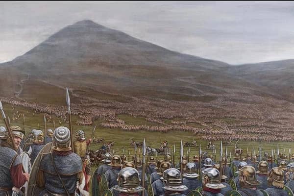 An artist's impression of the Battle of Mons Graupius, fought between the Romans and Caledonians in 83 or 84AD. The battle as been linked to an Iron Age village and metal working site discovered in a quarry near Elgin. PIC: YouTube.