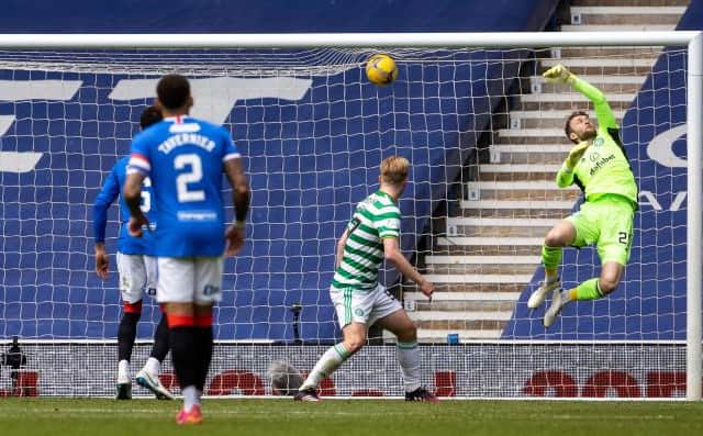 Celtic goalkeeper Scott Bain is beaten by a powerful shot from Alfredo Morelos (not pictured) as Rangers make it 2-1 at Ibrox. (Photo by Alan Harvey / SNS Group)